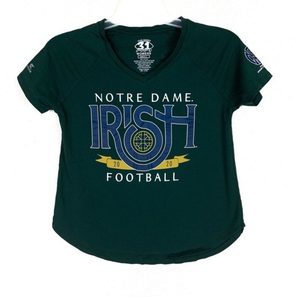 Notre Dame Irish Football T Shirt Womens Small Green V Neck Short Sleeve